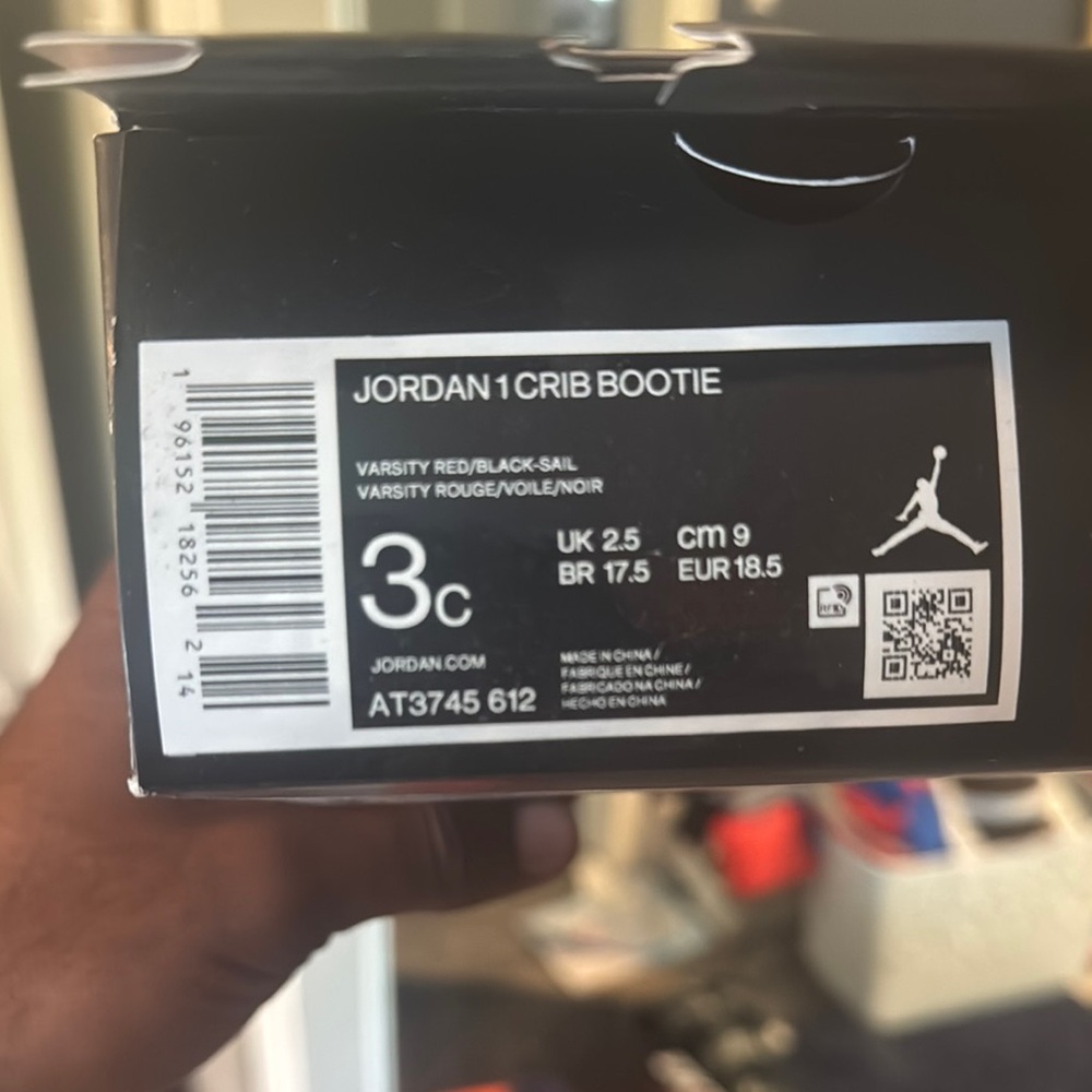 Jordan 1 Crib Bootie in Varsity Rouge and Noir